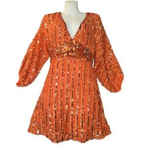 Free People Women XS Mini dress Celeste Orange Sequin Stars Celestial Event Prom